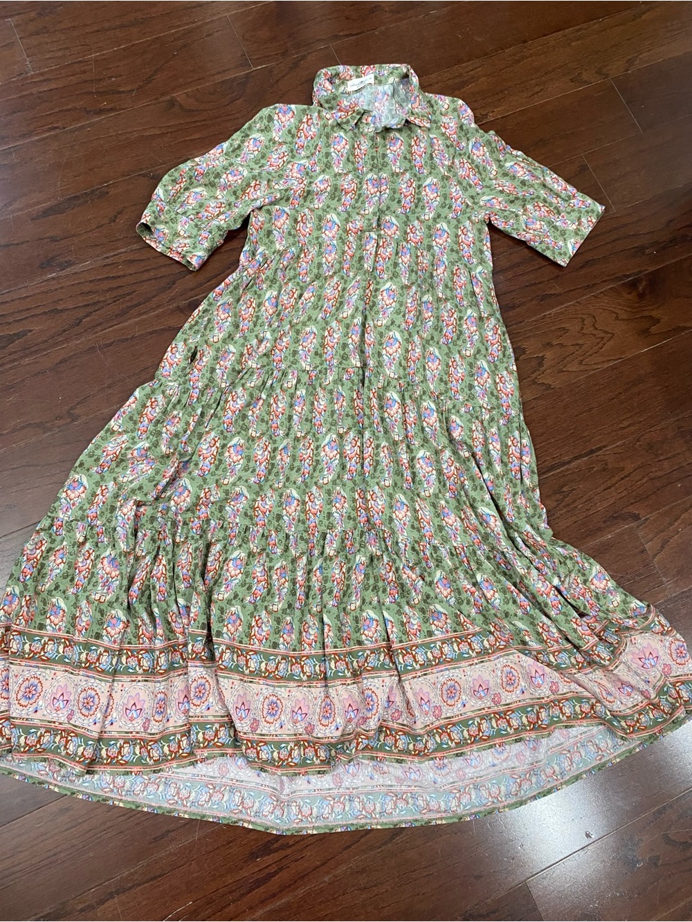 Natural Life Rebecca green Floral Tiered Boho Maxi Dress Size medium
